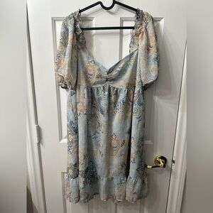 ARULA Mini Dress Blue Cream Paisley Ruffles Sheer Lined Plus Size 0X